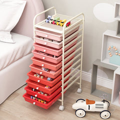 Carro de cajones multiuso con 10 cajones de oficina Contenedor con ruedas con 10 estantes para baño Rosa