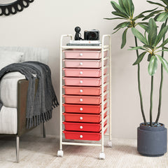 Carro de cajones multiuso con 10 cajones de oficina Contenedor con ruedas con 10 estantes para baño Rosa
