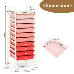 Carro de cajones multiuso con 10 cajones de oficina Contenedor con ruedas con 10 estantes para baño Rosa