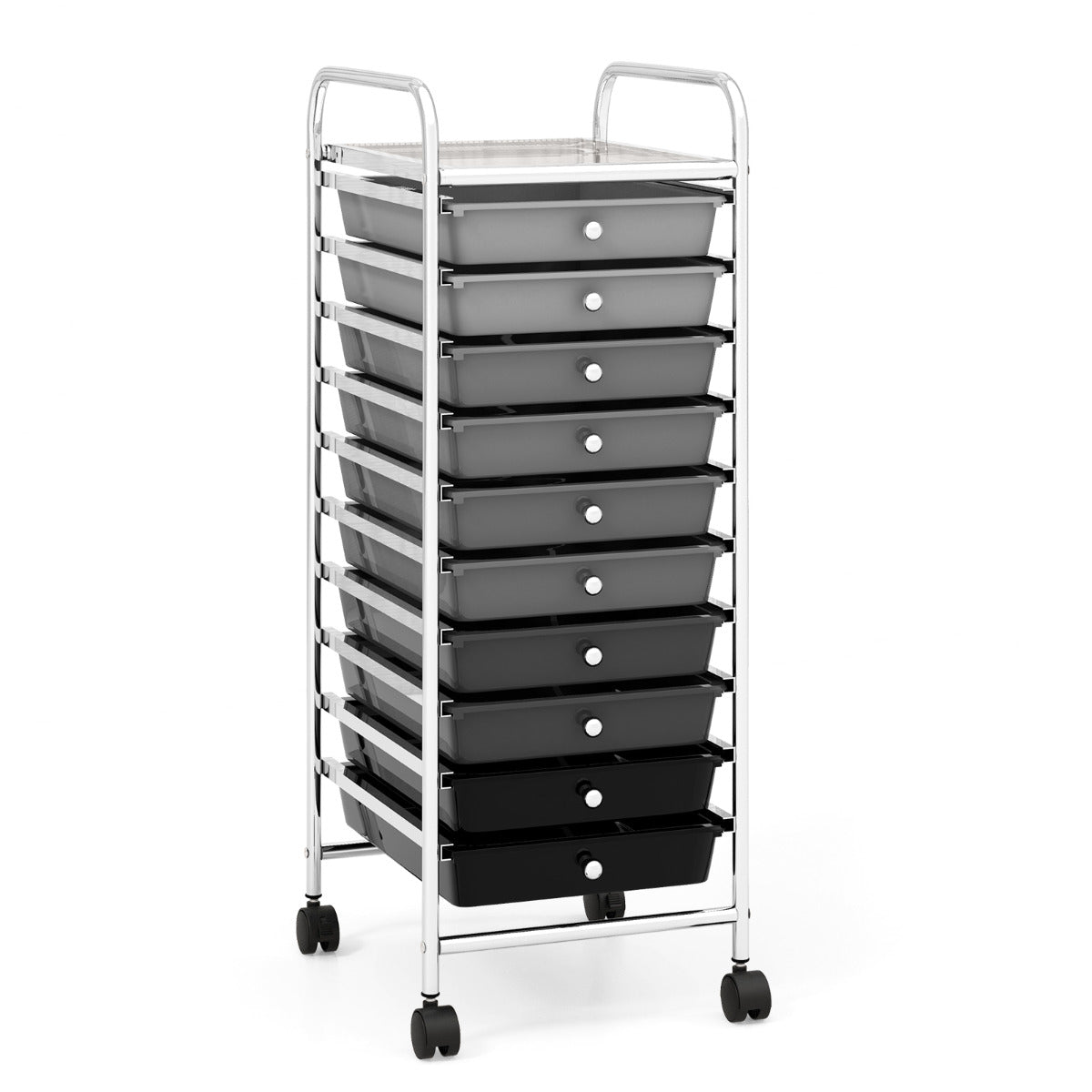 Carro de cajones multiuso con 10 cajones de oficina Contenedor con ruedas con 10 estantes para baño Negro+Gris