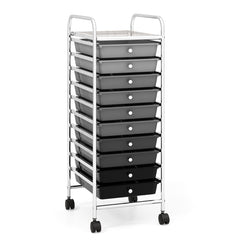 Carro de cajones multiuso con 10 cajones de oficina Contenedor con ruedas con 10 estantes para baño Negro+Gris