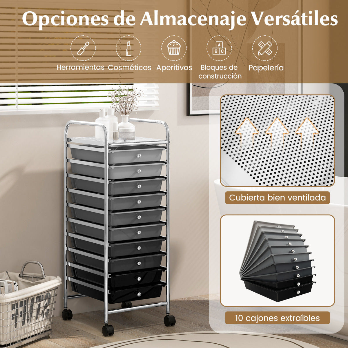 Carro de cajones multiuso con 10 cajones de oficina Contenedor con ruedas con 10 estantes para baño Negro+Gris