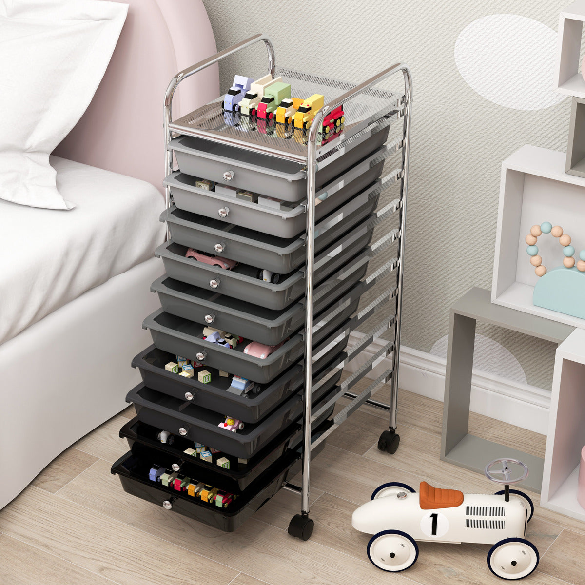 Carro de cajones multiuso con 10 cajones de oficina Contenedor con ruedas con 10 estantes para baño Negro+Gris
