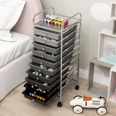 Carro de cajones multiuso con 10 cajones de oficina Contenedor con ruedas con 10 estantes para baño Negro+Gris