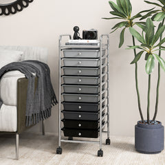 Carro de cajones multiuso con 10 cajones de oficina Contenedor con ruedas con 10 estantes para baño Negro+Gris