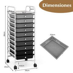 Carro de cajones multiuso con 10 cajones de oficina Contenedor con ruedas con 10 estantes para baño Negro+Gris
