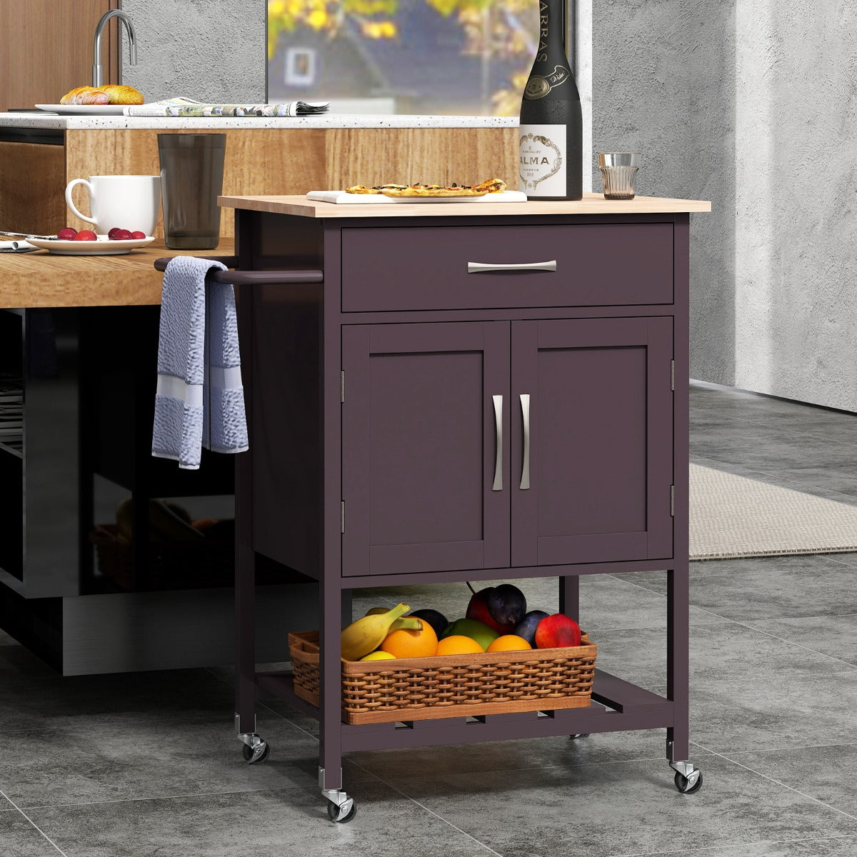 Carro Móvil de Servicio con Cajón Gabinete con 2 Puertas Bandeja Inferior para Comedor 73 x 48 x 90 cm-Marrón