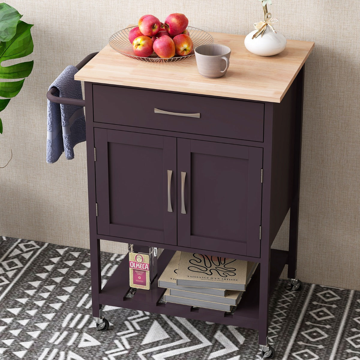 Carro Móvil de Servicio con Cajón Gabinete con 2 Puertas Bandeja Inferior para Comedor 73 x 48 x 90 cm-Marrón