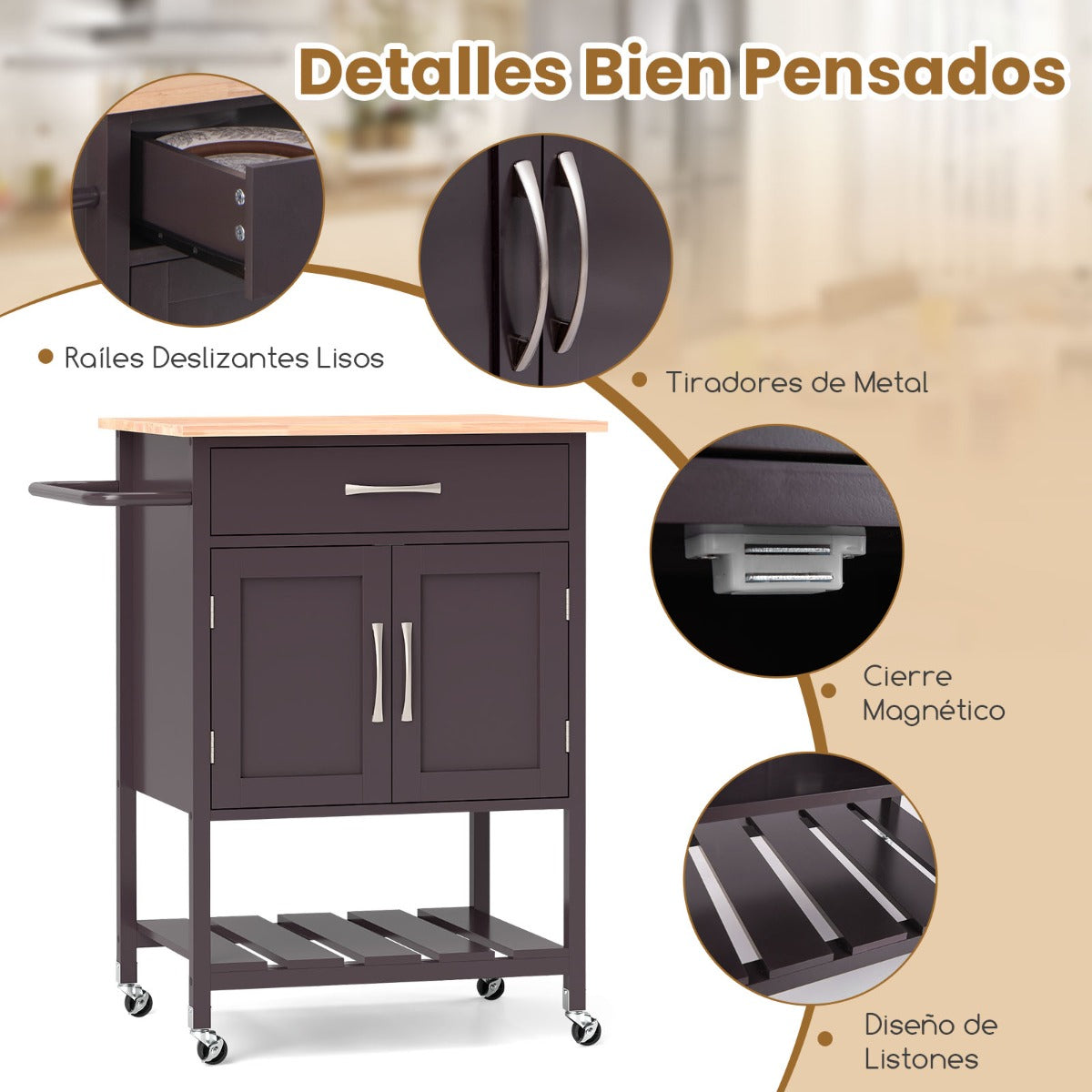 Carro Móvil de Servicio con Cajón Gabinete con 2 Puertas Bandeja Inferior para Comedor 73 x 48 x 90 cm-Marrón