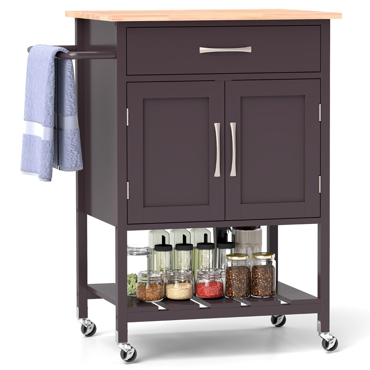 Carro Móvil de Servicio con Cajón Gabinete con 2 Puertas Bandeja Inferior para Comedor 73 x 48 x 90 cm-Marrón