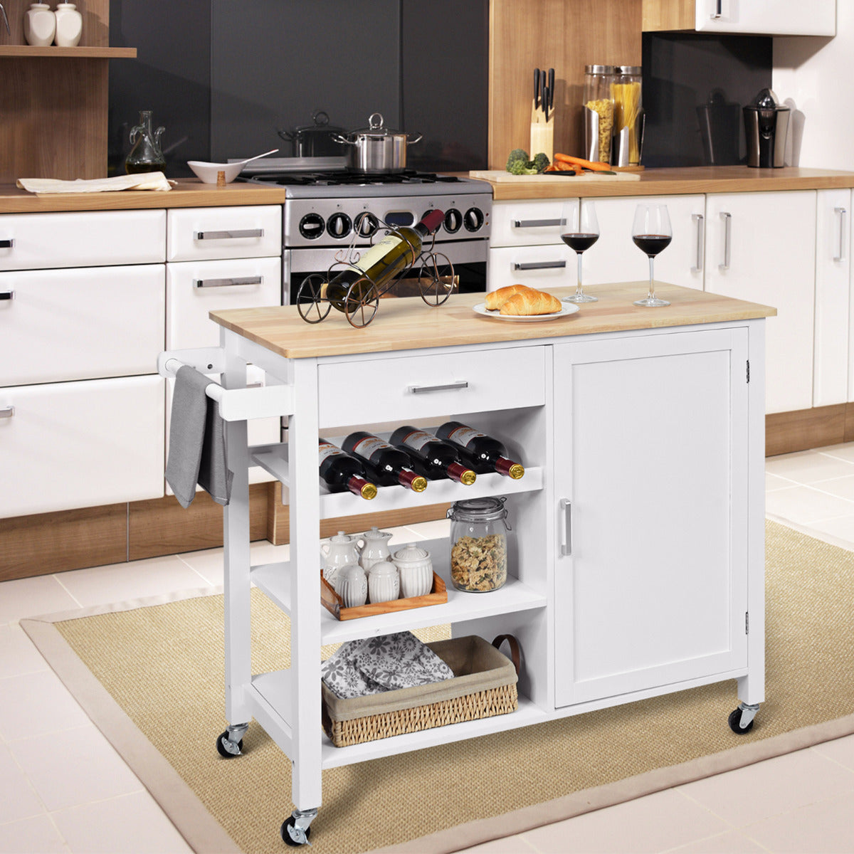 Carro de Cocina Giratorio con Cajones Portabotellas Estantes Abiertos Armario Toallero Isla de Servicio de Comedor 100 x 48 x 90 cm Blanco