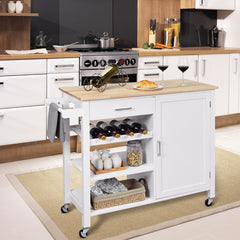 Carro de Cocina Giratorio con Cajones Portabotellas Estantes Abiertos Armario Toallero Isla de Servicio de Comedor 100 x 48 x 90 cm Blanco