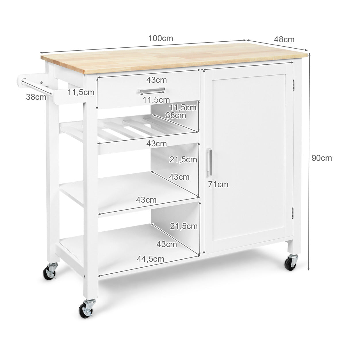 Carro de Cocina Giratorio con Cajones Portabotellas Estantes Abiertos Armario Toallero Isla de Servicio de Comedor 100 x 48 x 90 cm Blanco