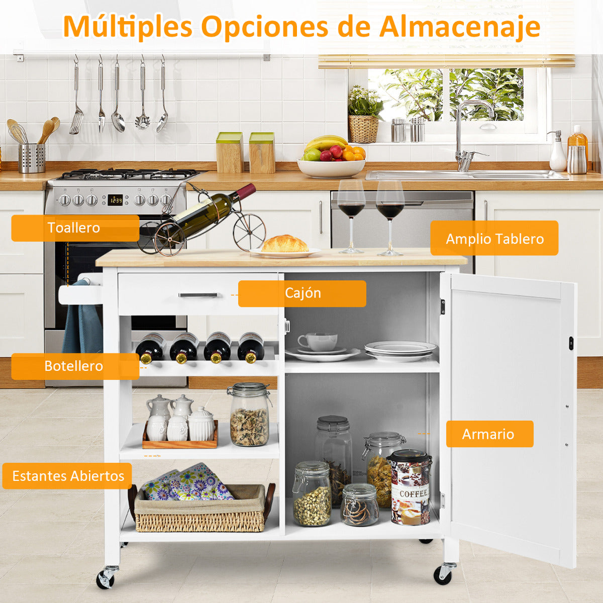 Carro de Cocina Giratorio con Cajones Portabotellas Estantes Abiertos Armario Toallero Isla de Servicio de Comedor 100 x 48 x 90 cm Blanco
