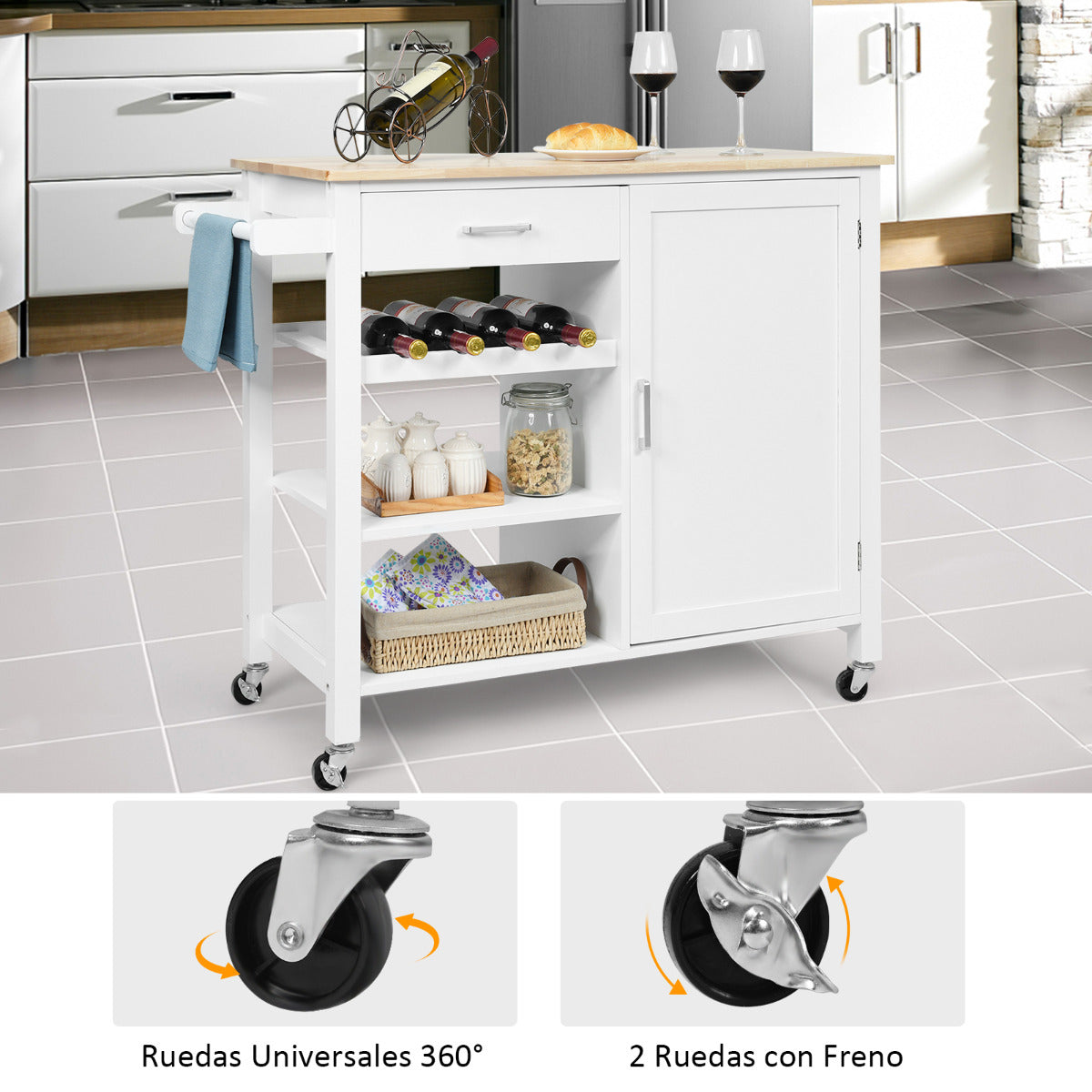 Carro de Cocina Giratorio con Cajones Portabotellas Estantes Abiertos Armario Toallero Isla de Servicio de Comedor 100 x 48 x 90 cm Blanco