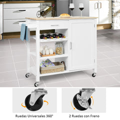Carro de Cocina Giratorio con Cajones Portabotellas Estantes Abiertos Armario Toallero Isla de Servicio de Comedor 100 x 48 x 90 cm Blanco
