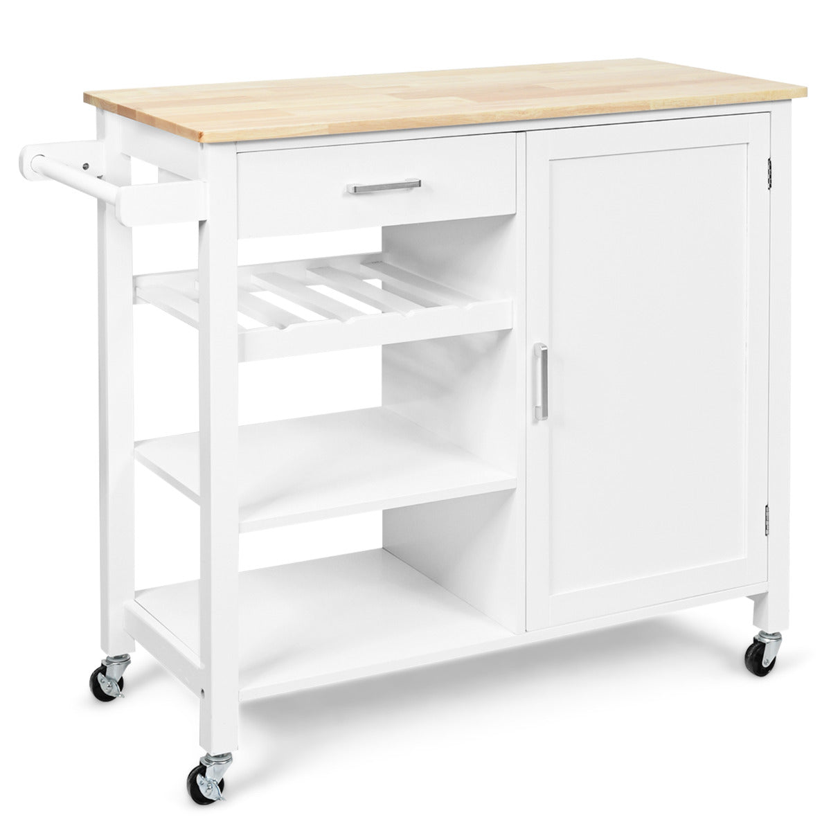 Carro de Cocina Giratorio con Cajones Portabotellas Estantes Abiertos Armario Toallero Isla de Servicio de Comedor 100 x 48 x 90 cm Blanco