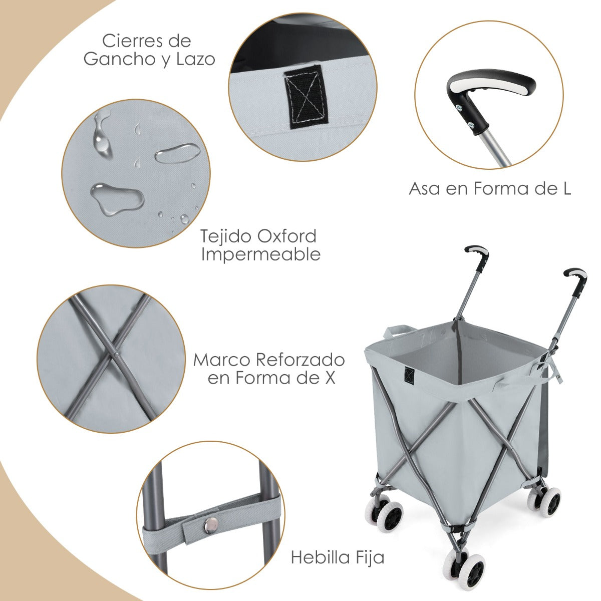 Carro de Compras Plegable con Ruedas Forro de Tela Oxford Extraíble Impermeable Carrito de Transporte Ligero 66 x 46 x 94,5 cm Gris