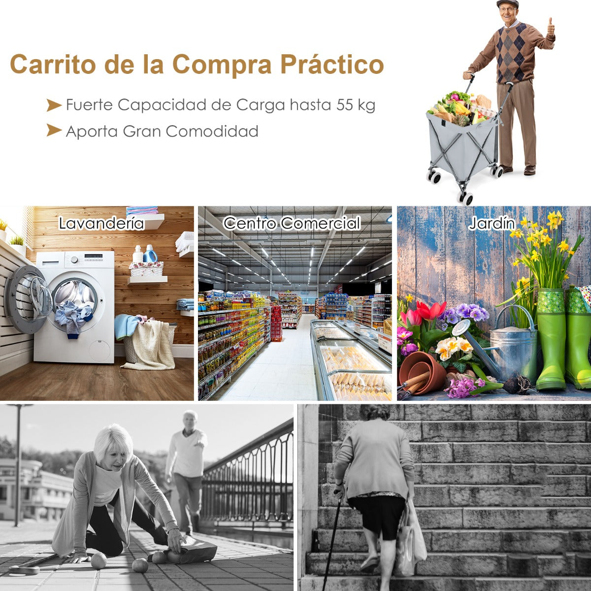 Carro de Compras Plegable con Ruedas Forro de Tela Oxford Extraíble Impermeable Carrito de Transporte Ligero 66 x 46 x 94,5 cm Gris