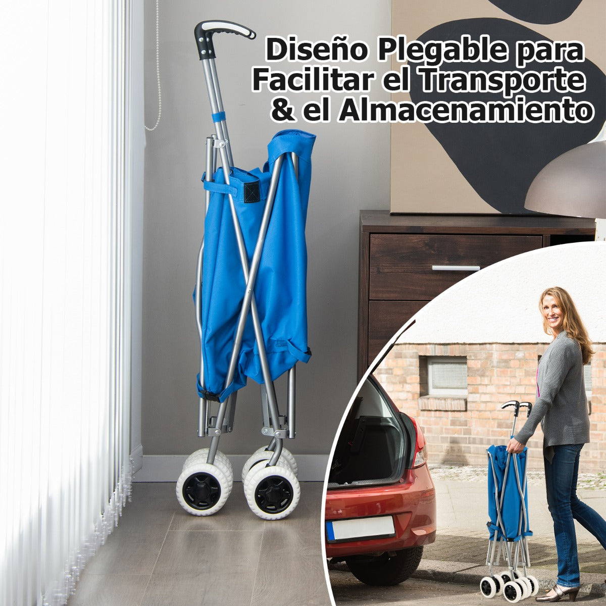 Carro de Compras Plegable con Ruedas de Tela Oxford Extraíble e Impermeable 66 x 46 x 94,5 cm Azul