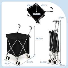 Carro de Compras Plegable con Ruedas de Tela Oxford Extraíble e Impermeable 66 x 46 x 94,5 cm Negro