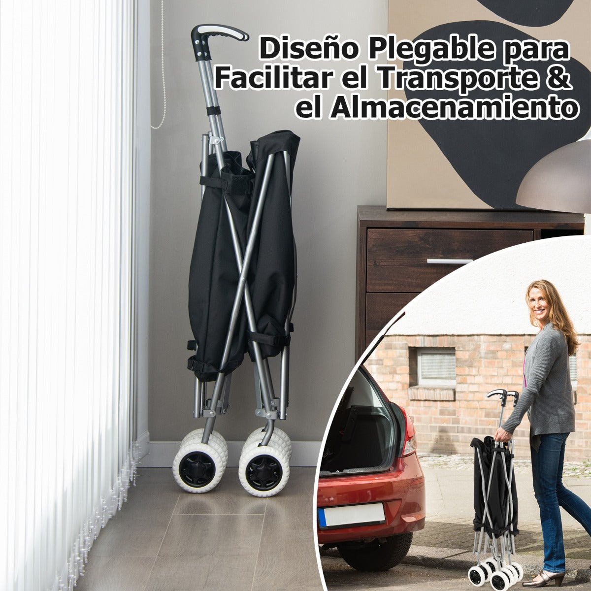 Carro de Compras Plegable con Ruedas de Tela Oxford Extraíble e Impermeable 66 x 46 x 94,5 cm Negro