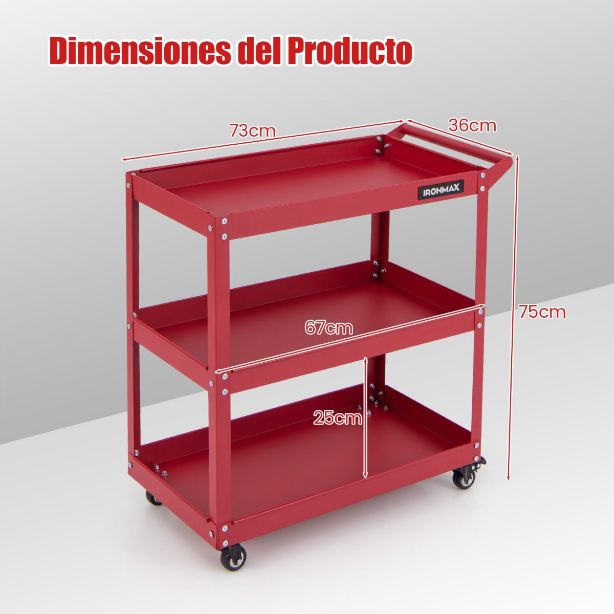 Carro de Herramientas Carro de Metal con Ruedas de 3 Niveles 3 Estantes Espaciosos 4 Ruedas 2 Frenos para Garaje Hogar Almacén Rojo