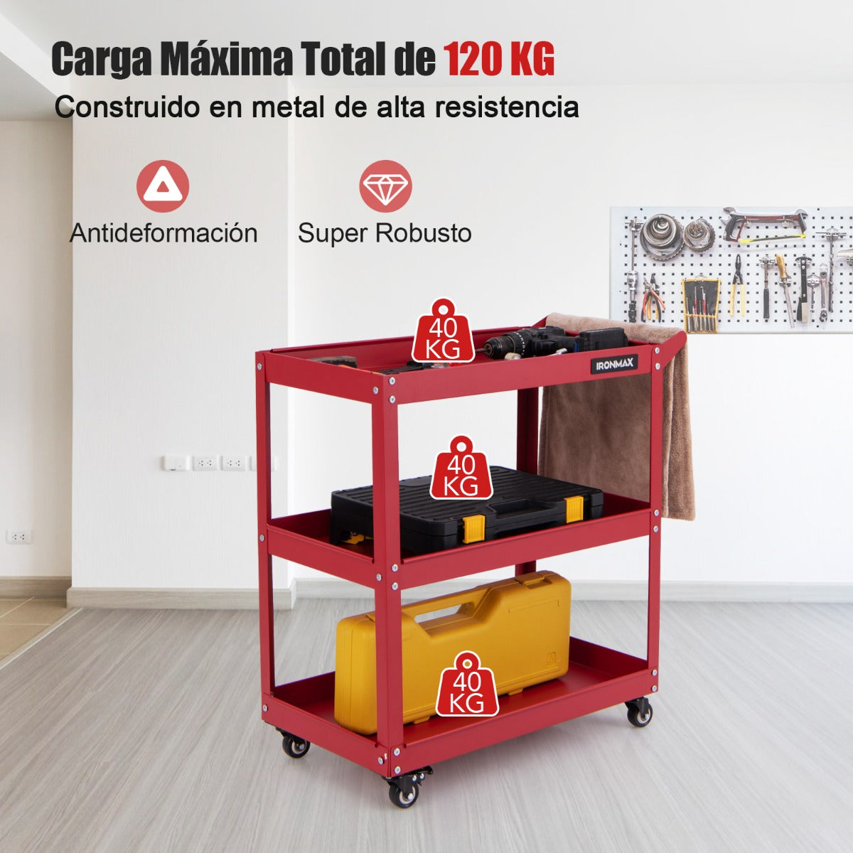 Carro de Herramientas Carro de Metal con Ruedas de 3 Niveles 3 Estantes Espaciosos 4 Ruedas 2 Frenos para Garaje Hogar Almacén Rojo
