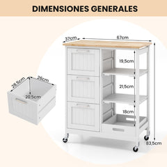 Carro de Isla de Cocina con Tapa de Madera 3 Cajones de Almacenamiento 2 Estantes Extraíbles y Bandeja 67 x 37 x 83,5 cm-Blanco