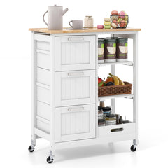 Carro de Isla de Cocina con Tapa de Madera 3 Cajones de Almacenamiento 2 Estantes Extraíbles y Bandeja 67 x 37 x 83,5 cm-Blanco