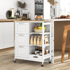 Carro de Isla de Cocina con Tapa de Madera 3 Cajones de Almacenamiento 2 Estantes Extraíbles y Bandeja 67 x 37 x 83,5 cm-Blanco