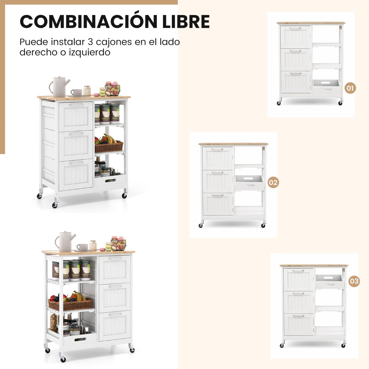 Carro de Isla de Cocina con Tapa de Madera 3 Cajones de Almacenamiento 2 Estantes Extraíbles y Bandeja 67 x 37 x 83,5 cm-Blanco