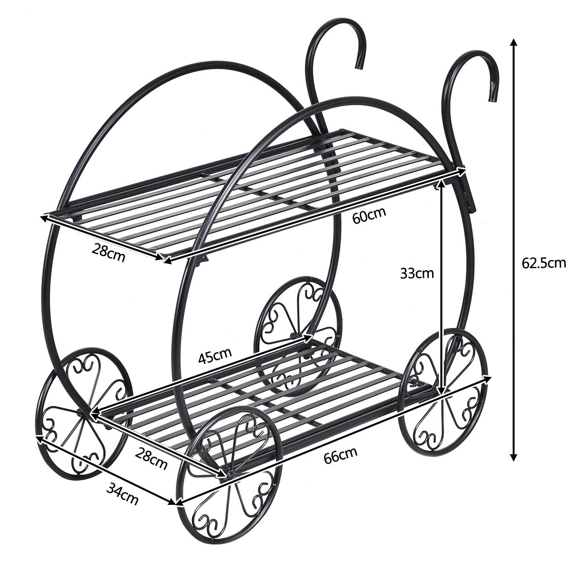 Carro de Jardín 2 Niveles Soporte de Metal para Plantas Estilo Parisino Estante para Macetas de Flores Suculentas 66 x 34 x 62,5 cm Negro