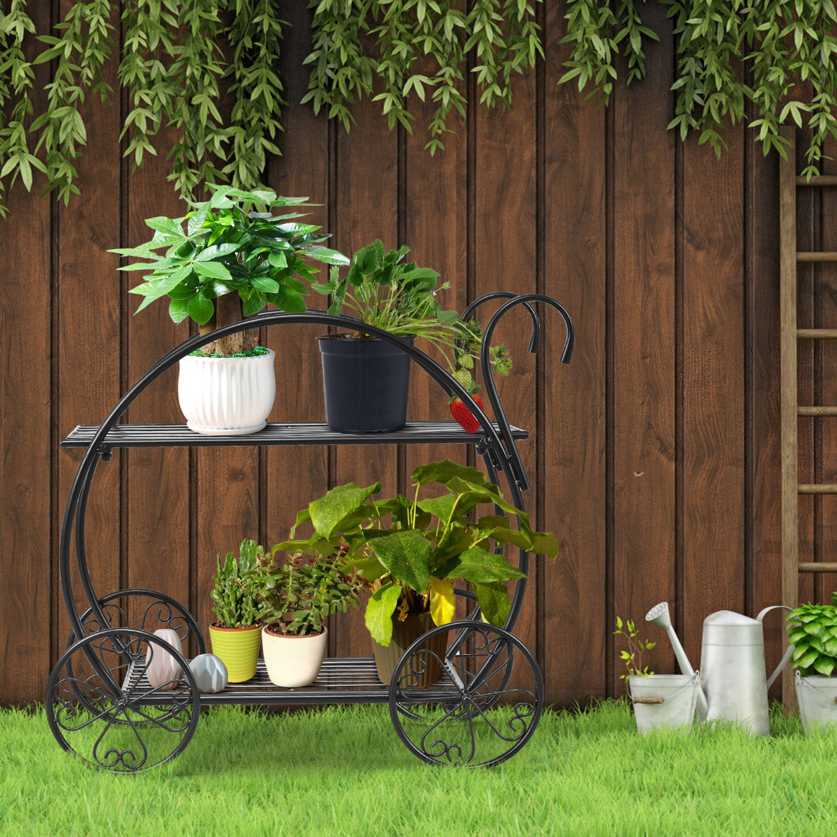 Carro de Jardín 2 Niveles Soporte de Metal para Plantas Estilo Parisino Estante para Macetas de Flores Suculentas 66 x 34 x 62,5 cm Negro