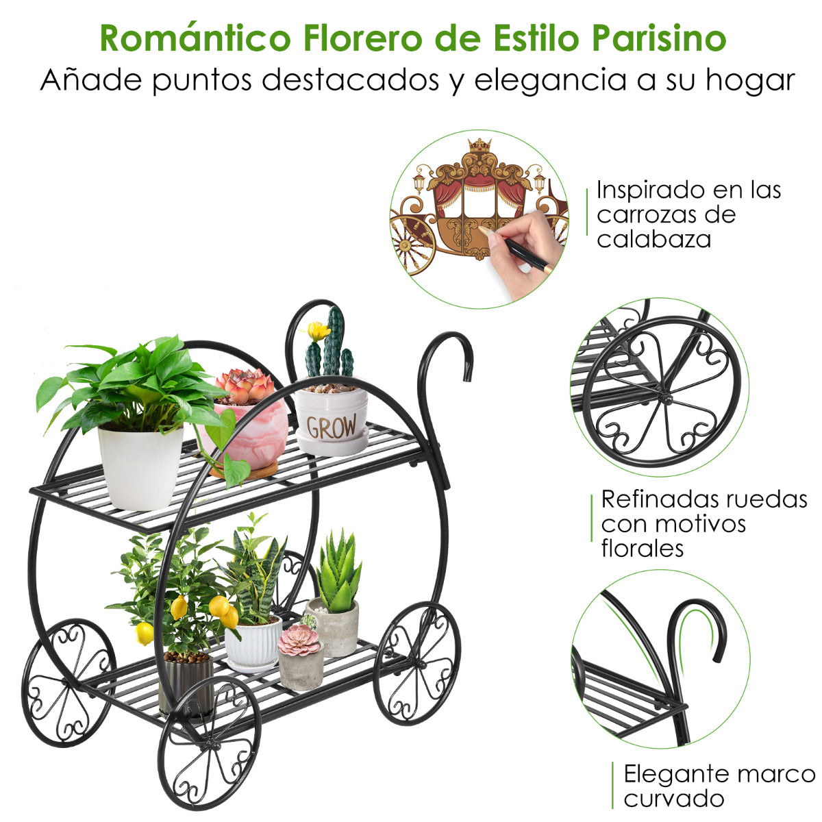 Carro de Jardín 2 Niveles Soporte de Metal para Plantas Estilo Parisino Estante para Macetas de Flores Suculentas 66 x 34 x 62,5 cm Negro