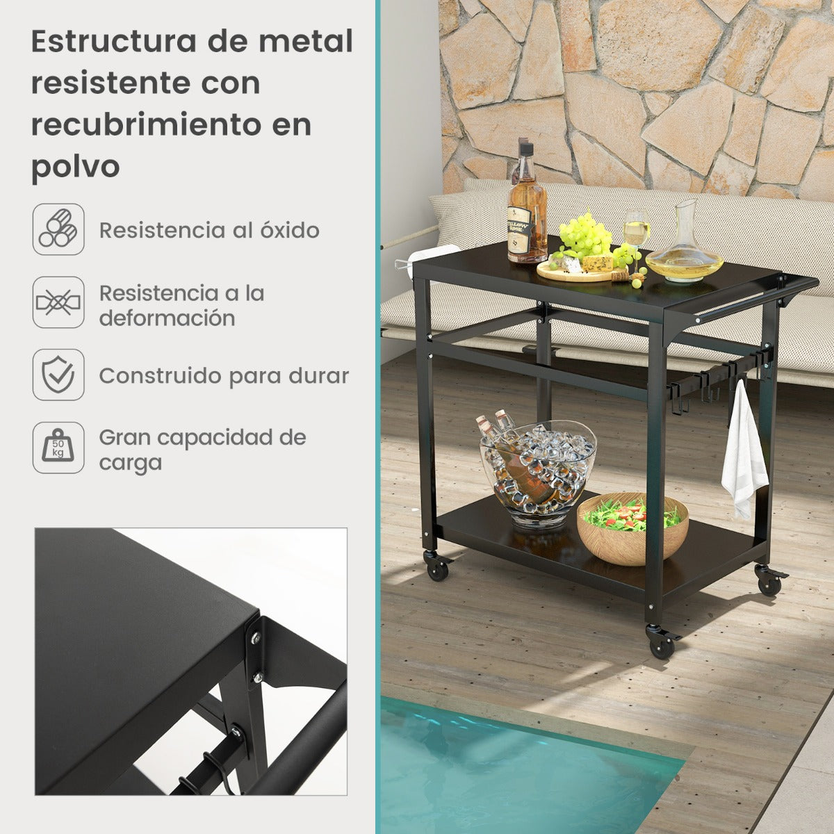 Carro de Barbacoa de 2 Estantes para Exteriores con 4 Ruedas y Tablero de Metal Carro de Servicio para Alimentos 108 x 50,5 x 88 cm Negro