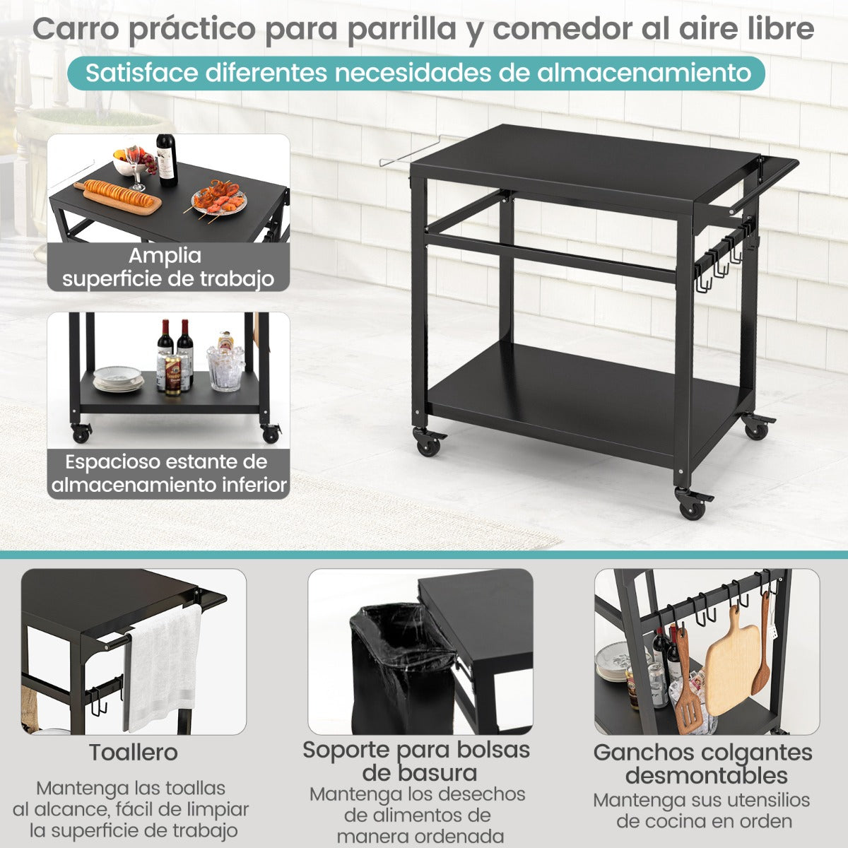 Carro de Barbacoa de 2 Estantes para Exteriores con 4 Ruedas y Tablero de Metal Carro de Servicio para Alimentos 108 x 50,5 x 88 cm Negro