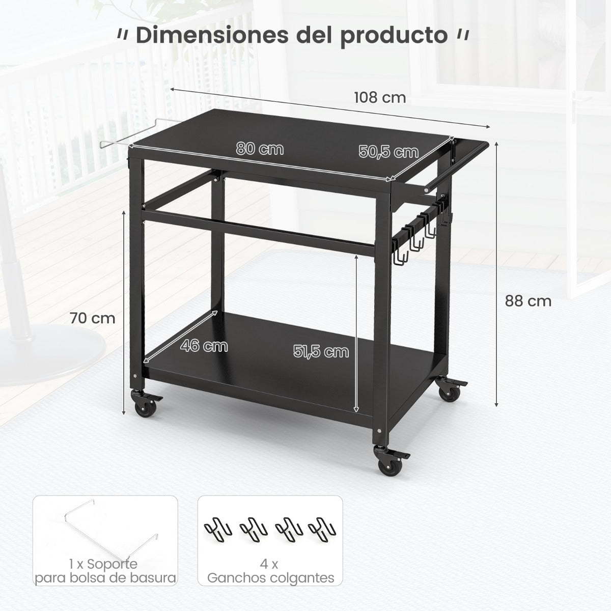 Carro de Barbacoa de 2 Estantes para Exteriores con 4 Ruedas y Tablero de Metal Carro de Servicio para Alimentos 108 x 50,5 x 88 cm Negro