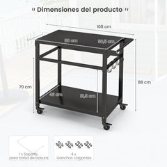 Carro de Barbacoa de 2 Estantes para Exteriores con 4 Ruedas y Tablero de Metal Carro de Servicio para Alimentos 108 x 50,5 x 88 cm Negro