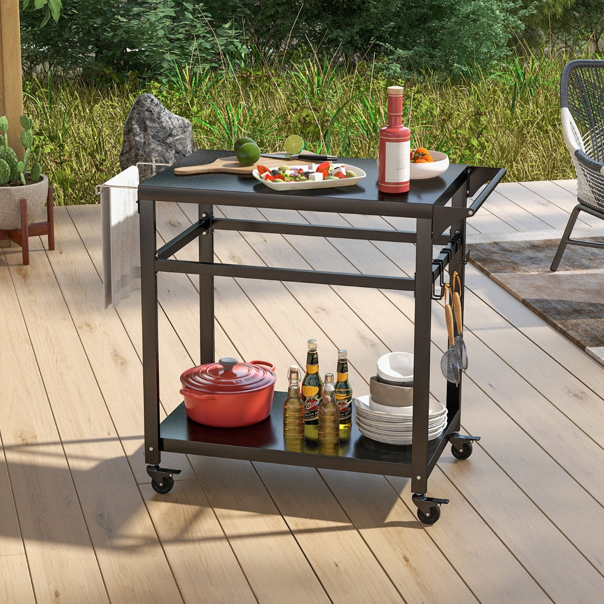 Carro de Barbacoa de 2 Estantes para Exteriores con 4 Ruedas y Tablero de Metal Carro de Servicio para Alimentos 108 x 50,5 x 88 cm Negro