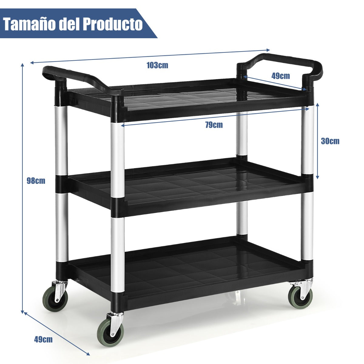 Carro Cocina de 3 Niveles Carro de Servicio con Asas Humanizadas con Sistema de Freno Ruedas para Oficina Restaurante 103 x 49 x 98 cm