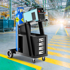 Carro de Soldadura Rodante de 4 Cajones con Almacenamiento de Tanque y Cadena de Seguridad para TIG MIG ARC y Cortador de Plasma Negro
