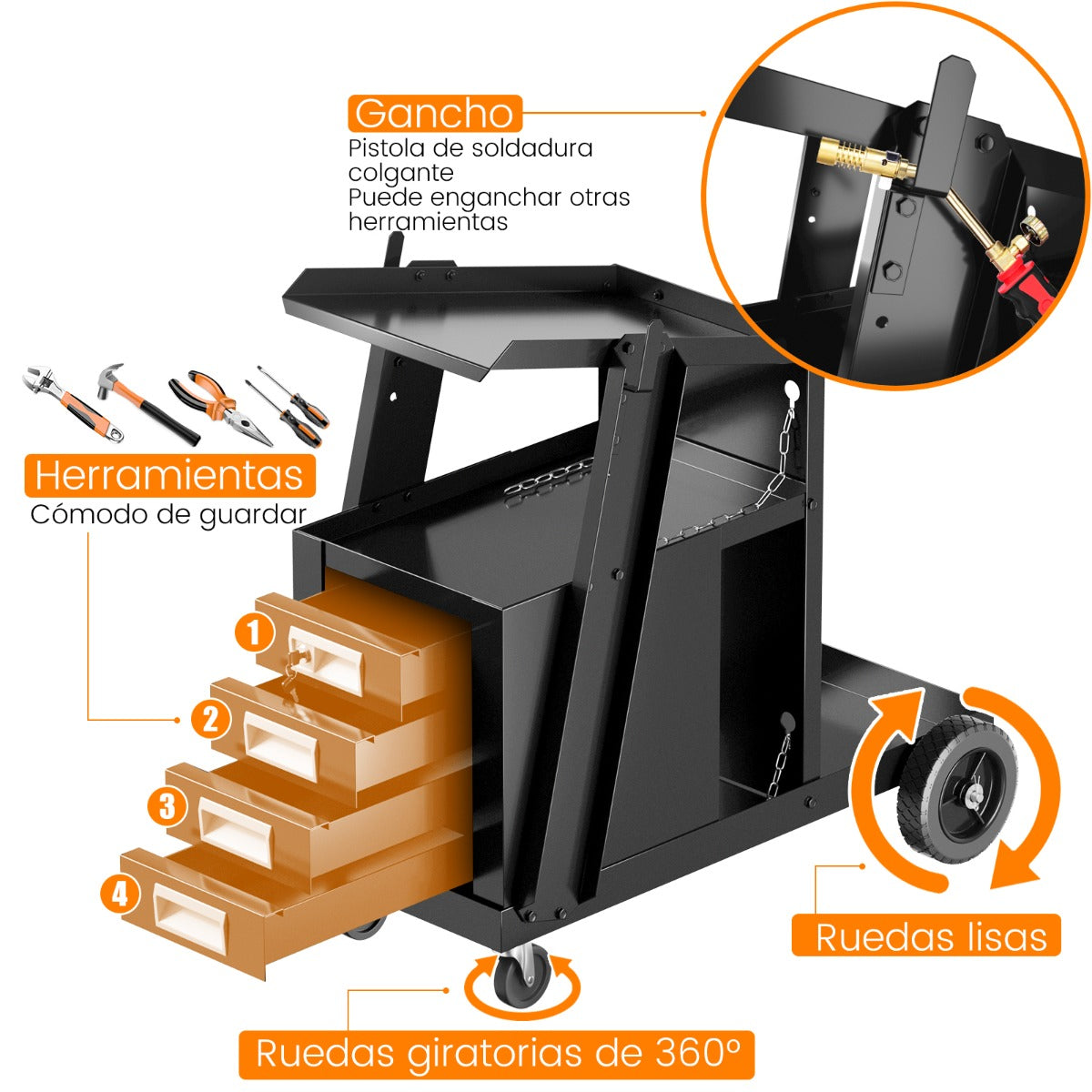Carro de Soldadura Rodante de 4 Cajones con Almacenamiento de Tanque y Cadena de Seguridad para TIG MIG ARC y Cortador de Plasma Negro