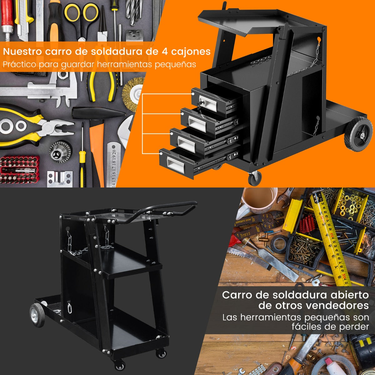 Carro de Soldadura Rodante de 4 Cajones con Almacenamiento de Tanque y Cadena de Seguridad para TIG MIG ARC y Cortador de Plasma Negro
