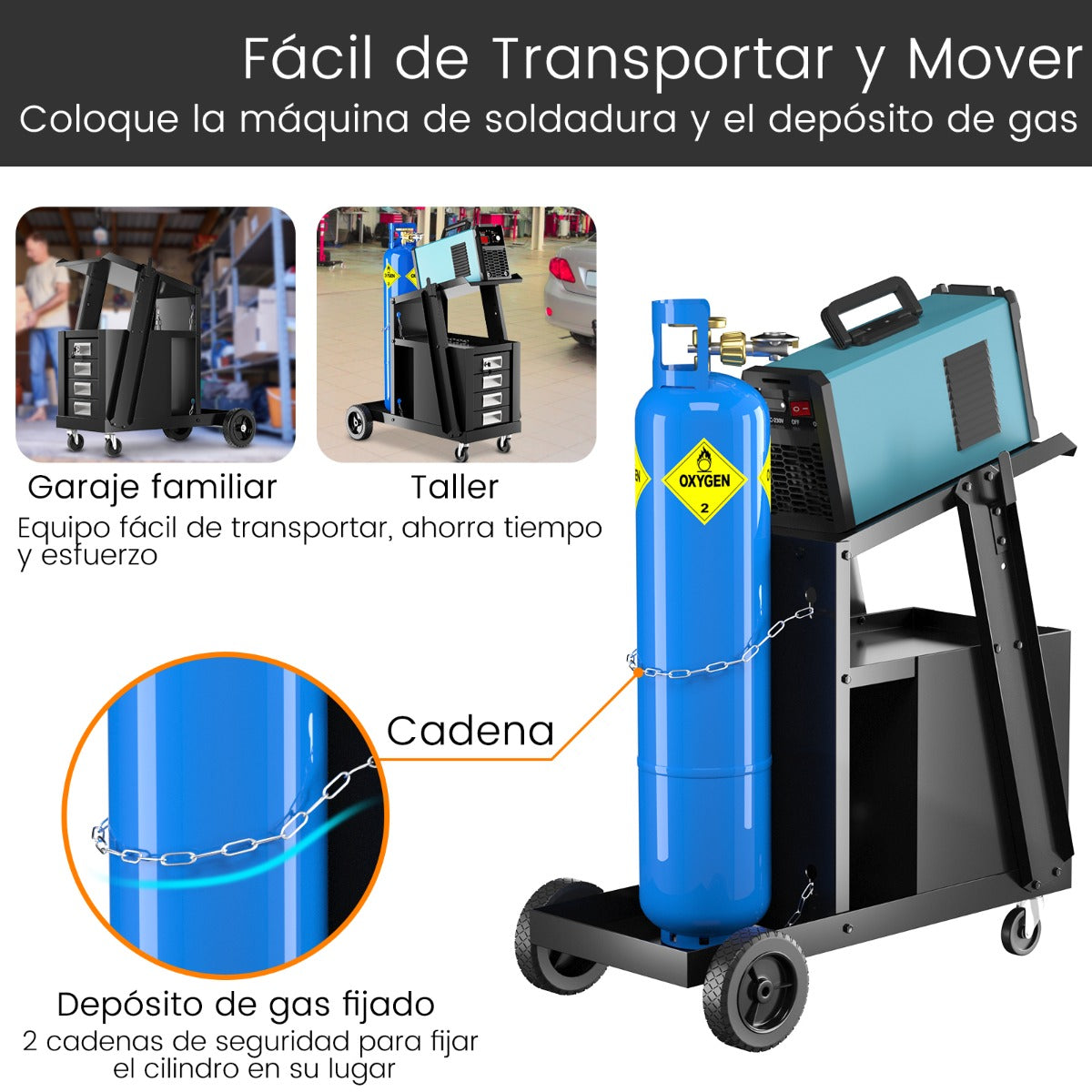 Carro de Soldadura Rodante de 4 Cajones con Almacenamiento de Tanque y Cadena de Seguridad para TIG MIG ARC y Cortador de Plasma Negro