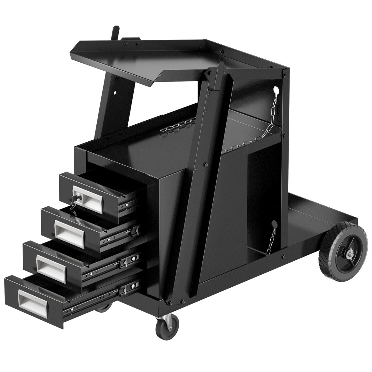 Carro de Soldadura Rodante de 4 Cajones con Almacenamiento de Tanque y Cadena de Seguridad para TIG MIG ARC y Cortador de Plasma Negro