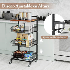 Carro de Almacenaje para Cocina de 4 Niveles con Ruedas Cestas Ajustables en Altura y Removibles Carro para Comedor y Sala de Estar