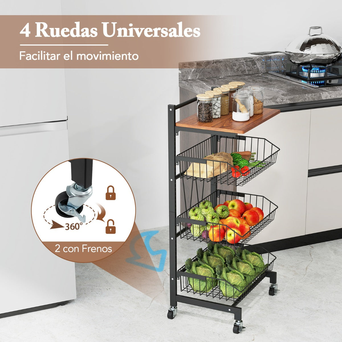 Carro de Almacenaje para Cocina de 4 Niveles con Ruedas Cestas Ajustables en Altura y Removibles Carro para Comedor y Sala de Estar