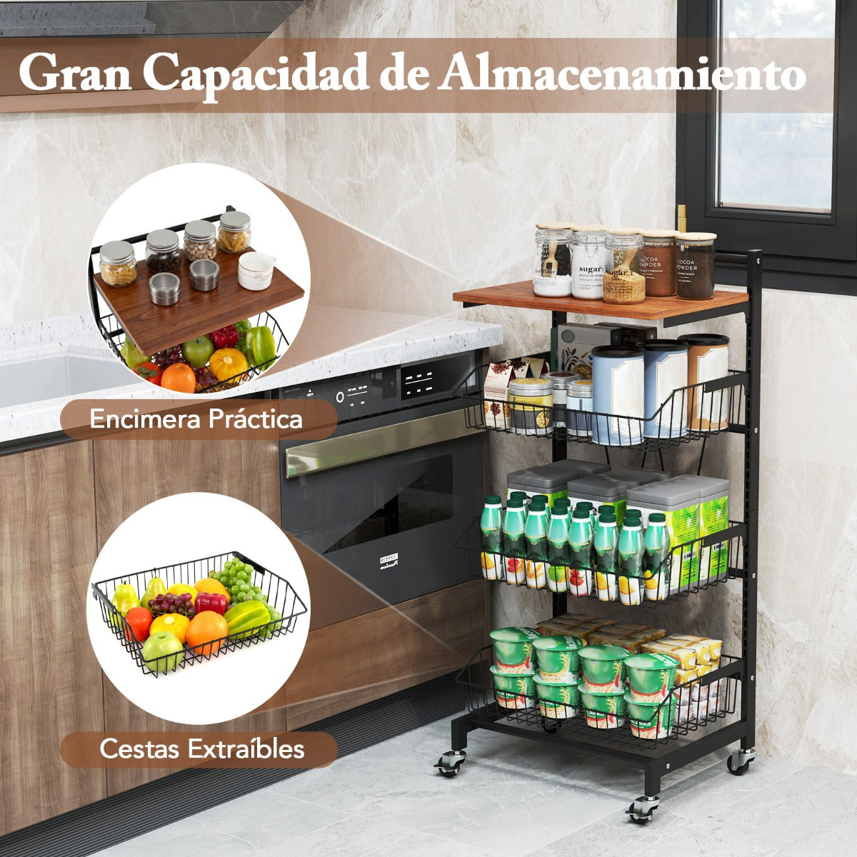 Carro de Almacenaje para Cocina de 4 Niveles con Ruedas Cestas Ajustables en Altura y Removibles Carro para Comedor y Sala de Estar