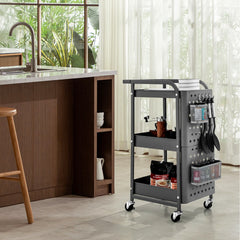 Carro Giratorio de 3 Niveles con Doble Placa de Madera para Bricolaje 2 Cestas y 4 Ganchos 52 x 33 x 75 cm para Cocina y Oficina Gris